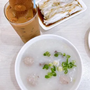 iced milk tea with bear, mixed pork porridge, beef rice roll