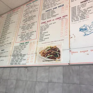 a menu on the wall