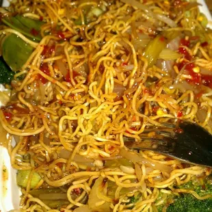 Cantonese style vegetable chow mein. Half of a small order.