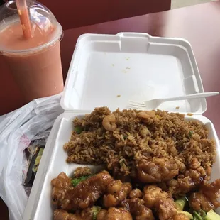 General chicken, shrimp fried rice, and mango smoothie.