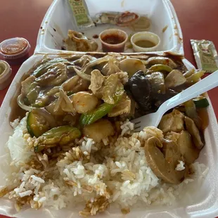 Back open for indoor dining. Disposable plates/utensils. Masks required for entry.   Sichuan chicken with steamed rice.