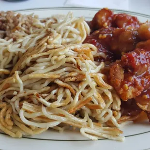 Orange chicken, with fried rice and pan fried noodles.