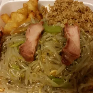 Fried Shrimp Dinner with pork chow mein and fried rice.