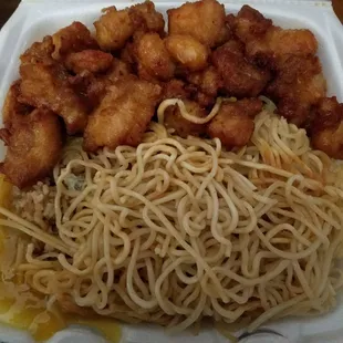 One meal plate. This is Orange Chicken, fried noodles and rice for $7.40! Could easily feed two!