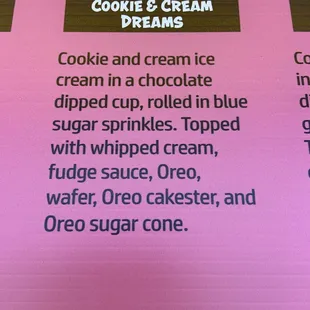 a menu for cookies and cream