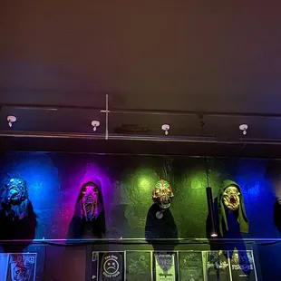 a row of masks on a wall