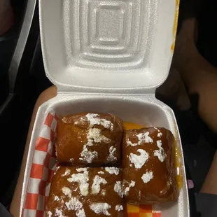 3 xtra Doughy Not in the best way tastes like a simple sweet dessert nothing 2 fancy def. not worth try if u never tried a real Beignet b4