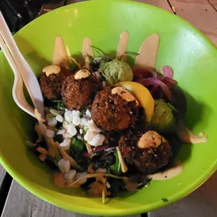 The Goods Bowl with Sweet Potato/Quinoa Fritters