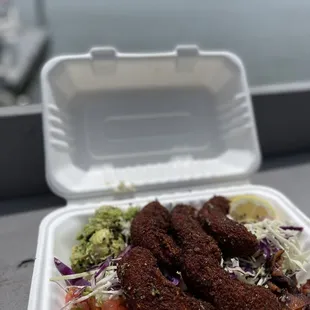 Fried shrimp sticky rice bowl with bacon added.
