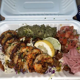 Grilled shrimp sticky rice bowl with bacon added.