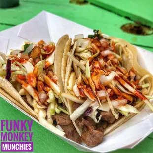 Korean Tacos, so good. Hot or mild sauce available!