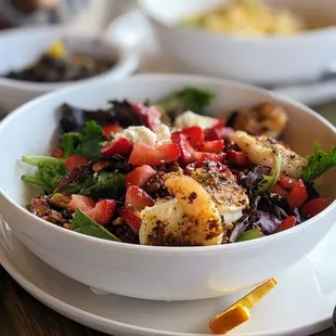 Strawberry Feta Salad topped with Blackened Shrimp