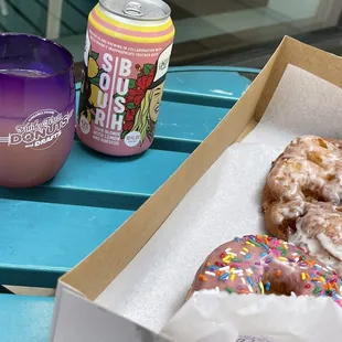 Mimosa . A beer, apple fritter,sprinkle donut, classic donut, &amp; everything bagel