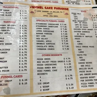 a menu for a variety of cakes