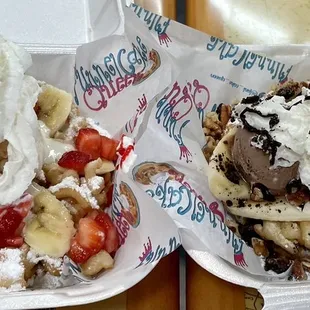 Small Strawberry Banana Bliss and Big triple banana split. Generous in size. Highly recommend at Funnel Cake Queen.