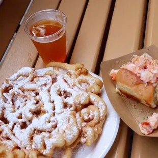 How to make funnel cakes into a meal...add lobster roll &amp; beer!