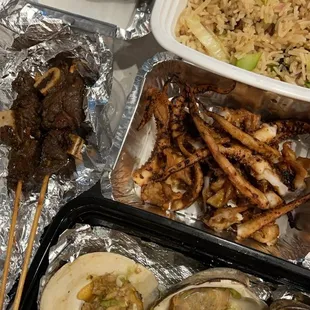Bbq Grilled Clam, Grilled Squid Tentacles, Grilled Mussels, Short Ribs Skewer &amp; Vegetable House Fried Rice