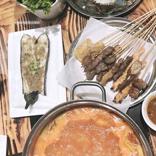 Whole Grilled Eggplant, Beef Skewer, House Famous Spicy Dry Hot Pot, blue crab