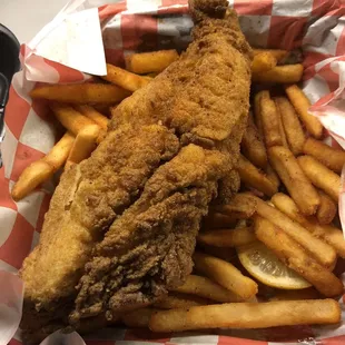 2pc Fried Perch w Fries. 1st piece already eaten!