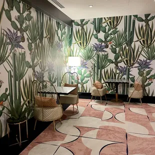 a colorful wallpapered room