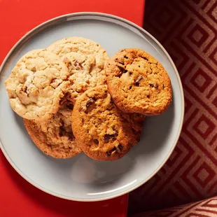 a plate of chocolate chip cookies