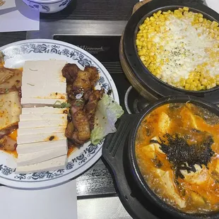 Stir Fried Kimchi, Tofu and Grilled Pork Belly, Corn Cheese