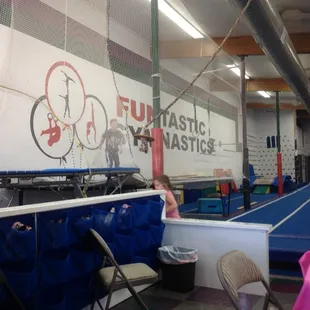 Trampolines along the south wall.