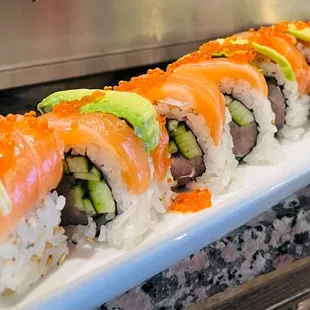 new roll. Honey Roll- hamachi cucumber in, out salmon and avocado. Yum