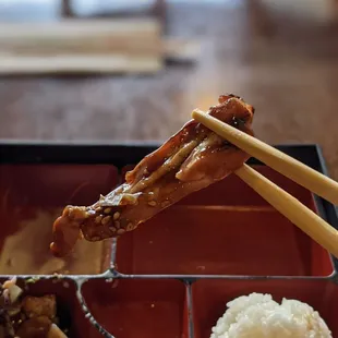 9/18/21 - Lunch bento chicken teriyaki. Good charring, but chewy and small portions.