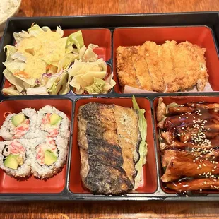 Bento Box 2 tonkatsu, CA roll, mackerel, Chicken Teriyaki, salad + miso soup.