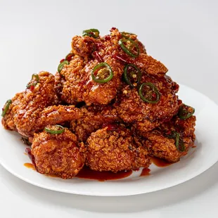 Fire Furai Chicken: Braised with our spiciest Volcano &amp; Kang Jung sauce with chilis. Spice level can be adjusted to your preference.