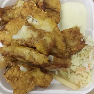 Fish platter with Cole slawand fries.   Special sauce is a must!