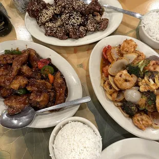 Sesame Beef (back) Spicy Shrimp (right) and General Tso Chicken (left)