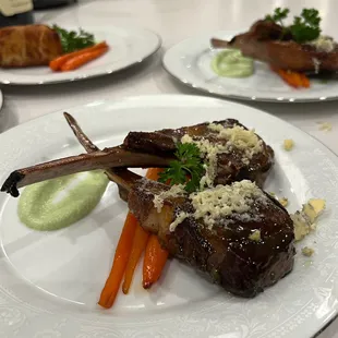 Lamb Chops with Parsley cream, Mint Glaze, Stilton Cheese &amp; Honey Carrots