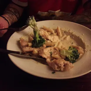 My husband's chicken Alfredo. Cheesy!