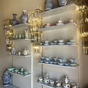 a display of blue and white china