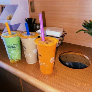 Honey dew, Matcha smoothie, and Thai tea