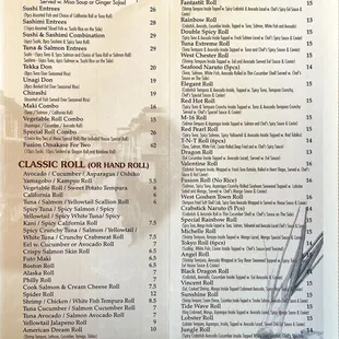 the menu for sushi bar