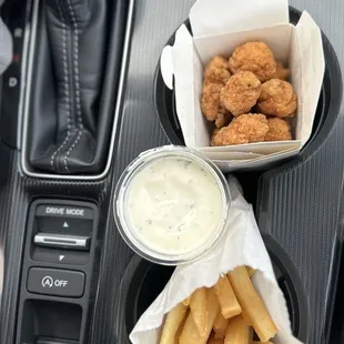 Small Popcorn Chicken, Small Fries, and ranch