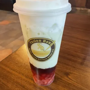 Strawberry Jasmine Green Milk Tea with Milk Foam + added Strawberry popping boba