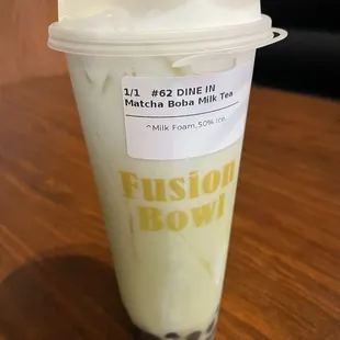 Matcha Boba Milk Tea, with added milk foam
