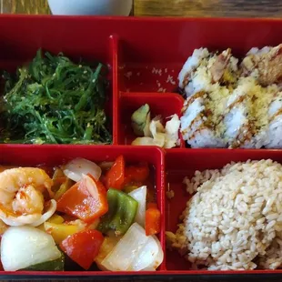 bento: mango shrimp, some other shrimp, seaweed salad, brown rice...