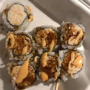 Snow crab roll w/ spicy mayo and eel sauce  Was missing avocado and asparagus but still good.