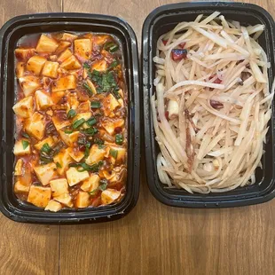 Mala tofu (left). Hot &amp; sour shredded potato (right).