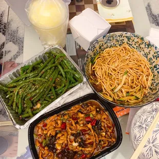 Szechuan String Bean, Shredded Pork in Garlic Sauce, Homemade Noodles with Pork Soy Bean Sauce, Pineapple Smoothie
