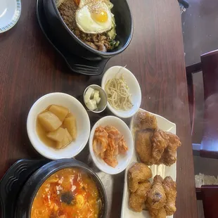 Beef Bulgogi rice bowl, soondubu soup, garlic soy &amp; spicy teriyaki wings