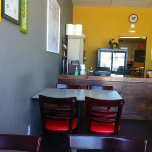 The dining space is clean and cozy.
