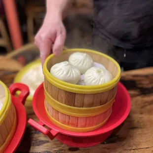 Buns come fresh in hot steam! The skin is super soft with a little chewy inside, super delicious!