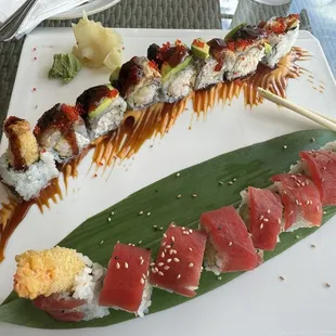 Dragon roll at the top of the image, and the New York, New York, featuring red tuna on the bottom