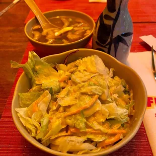 Clear soup, green salad, Sake